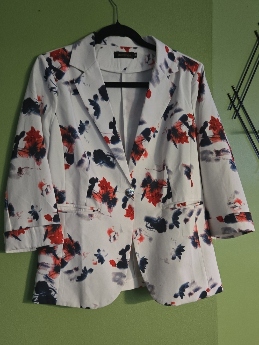 BENINOS Floral Print White Blazer with Red & Navy Accents